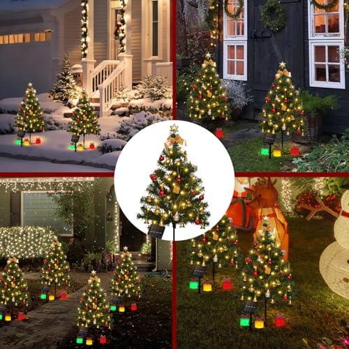 Mini Christmas Tree Solar Lights, Outdoor Decorations, 4 Pack