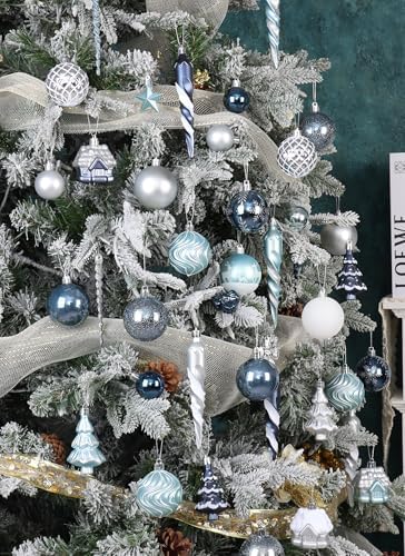 124Ct Blue and Silver Christmas Ornaments Set, Elegant Shatterproof Assorted Christmas Decorations for Xmas Tree Snowflake Icicle House Ball Ornaments Baubles for Holiday Party Decor (Blue&Silver
