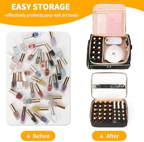 Extra Large Nail Polish Organizer Case Holds 86 to 100+ Bottles Organizer & Nail Lamp, Supply Storage Carrying Bag with 2 Removeable Pouches, Portable Nail Tech Travel Box (Black, 86 Slots)