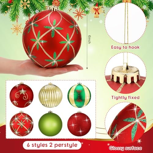 Poen 12 Pcs 6 Inch Christmas Ball Ornaments Shatterproof,Vivid Style
