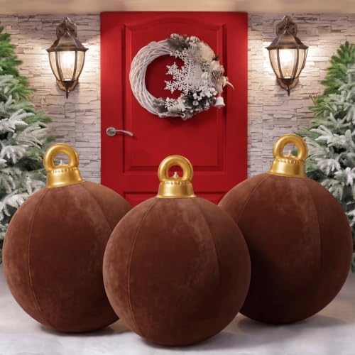 Jetec 3 Pcs 32 Inch Giant Velvet Christmas Inflatable Balls, Reddish-Brown