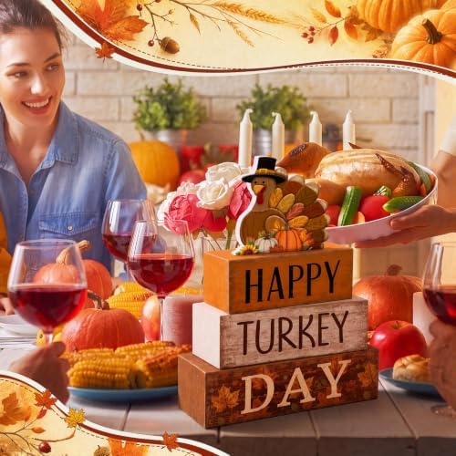 Moucuny 4 Pcs Thanksgiving Table Decor, Happy Turkey Day Wooden Block Signs