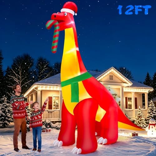 12 Ft Christmas Inflatables Dinosaur Outdoor Decorations, Giant Christmas Blow up,Built in LED Lights, Xmas Inflatable Decor Holiday Party Yard Garden Lawn