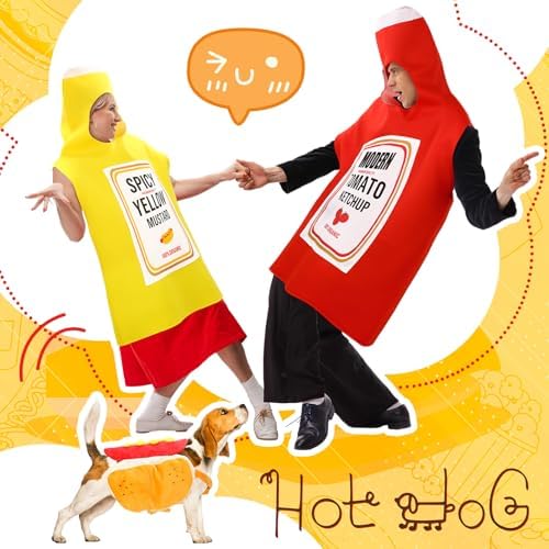 Newcotte 3 Pcs Ketchup and Mustard Couple's Costume, Halloween Food Set