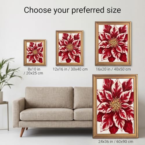 Framed Canvas Wall Art Expressive Painterly Red Poinsettia Deep Red and Creamy White Impasto Canvas Print Poster Gold Frame Wall Decor for Living Room Bedroom Floral Art, Holiday Decor - Inch 16x20