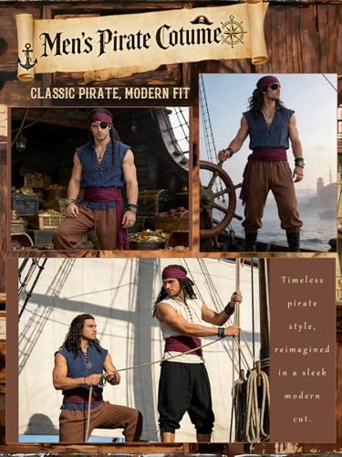 Verceco Mens Pirate Costume 8PCS Renaissance Sleeveless Shirt Ankle-Banded Pants Sash Belt & Accessories LARP Cosplay