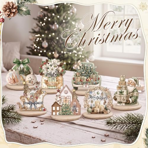 Leinuosen 12 Pcs Christmas Table Decoration Neutral Christmas Tiered Tray Decor Wooden Santa Claus Table Centerpiece Snowman Gnomes Wreath Farmhouse Xmas Decor for Home Kitchen Coffee Bar Shelf Indoor