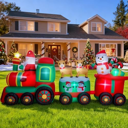 Thuodo 11 FT Long Christmas Inflatables Train with Santa Claus Reindeer Snowman Outdoor Decorations Blow Up Yard with Built-in LEDs for Lawn Garden Holiday Indoor Party Decor