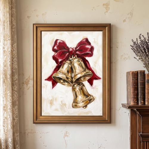 Framed Canvas Wall Art Expressive Painterly Vintage Gold Bells Red Satin Bow and Impasto Textures Canvas Print Poster Gold Frame Wall Decor for Living Room Holiday Decor, Christmas Gift - Inch 24x36