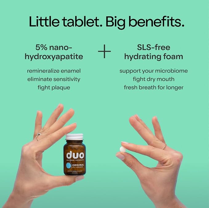 Duo Toothpaste Tablets, Vitamin D3 B12, Nano-Hydroxyapatite, Wild Mint | Nano-hydroxyapatite, enamel remineralization, gentle whitening, sensitivity relief, vitamin D3 and B12, wild mint sage taste