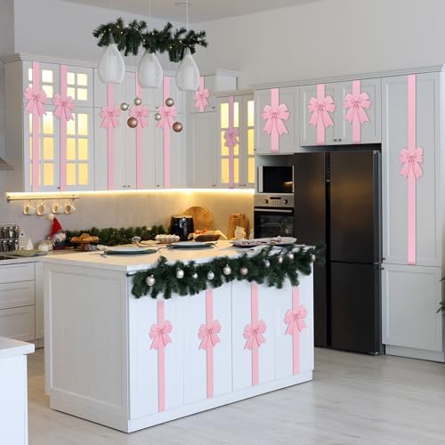 Daifunli 9 Pcs Pink Velvet Christmas Cabinet Bows Ribbons for Kitchen