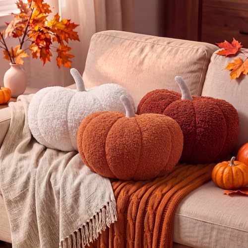 Konohan 3 Pcs Pumpkin Pillows Fall Stuffed Pumpkin Plush Pillow for Autumn Halloween Thanksgiving Christmas Bedroom Sofa Couch Supplies