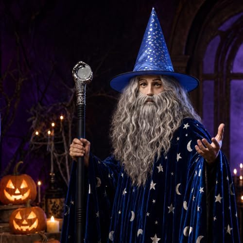 Wizard Costume Men with Wig Wizard Outfit Adult Warlock Robe