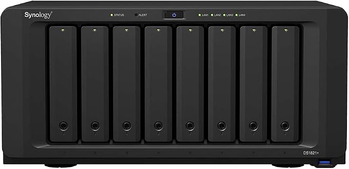 Synology DiskStation DS1821+ NAS Server with Ryzen 2.2GHz CPU, 32GB Memory, 64TB HDD Storage, 1TB M.2 NVMe SSD, 4 x 1GbE LAN Ports, DSM Operating System