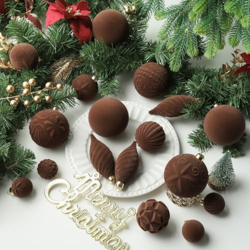 52pcs Velvet Christmas Ball Ornaments, Flocked Shatterproof Christmas Tree Decorations Hanging Xmas Decorative Ornaments Set for Home Party Holiday Decor(Brown)