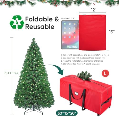 BALEINE 7.5 ft Rolling Christmas Tree Storage Bag, 2 Swivel Wheels for Easy Moving, Heavy Duty 600D Oxford Fabric Extra Large Artificial Christmas Tree Bag with Reinforced Carry Handles (Red)