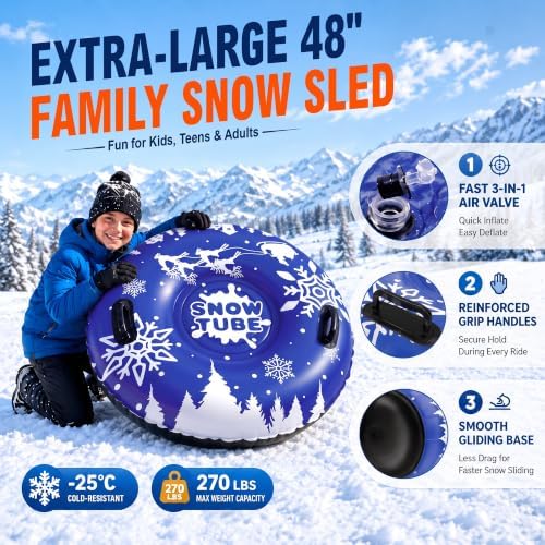 ZIZZ Inflatable Snow Tubes for Kids Adults Sledding 48" Large Heavy Duty