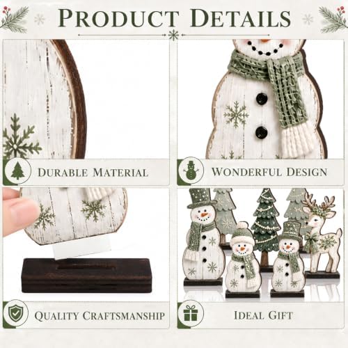 7 Pcs Christmas Table Decor Wooden Snowman Tree Deer Decor, Sage Green