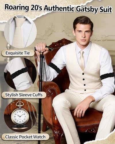1920s Mens Costume, Roaring 20s Costumes for Men 1920s Mens Outfit with Walking Cane Vest Hat 1920 Mens Accessories