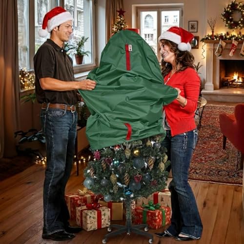 Upright Christmas Tree Storage Bag - Fits 9 Ft Artificial Xmas & Topiary Tree, Vertical Holiday Cover, Durable, Dustproof & Easy-Use Xmas Storage, Green