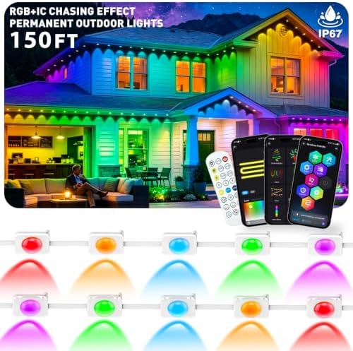 LITSOUL 150FT Permanent Outdoor Lights for House RGB+IC, Chasing Effect Smart RGB+IC Eave LED Lighting with 16 Million Colors, Waterproof Outdoor Strip Lights for Christmas Halloween Holiday Daily