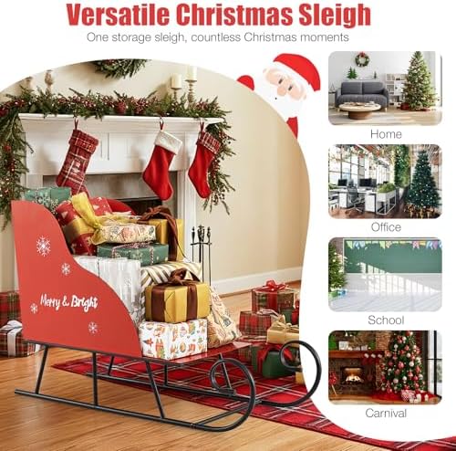 Metal Christmas Santa Sleigh Basket, Red Christmas Sleigh Decoration for Gift Storage, Santa’s Gift Sleigh for Holiday Displays, Festive Decorative Sleigh Cart for Indoor Outdoor Home Party