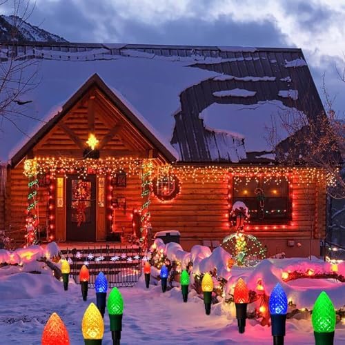 Solar Christmas Pathway Lights, 20 LED C9 String Lights with 20 Stakes, 23FT Solar Powered Multicolored Decorations for Roof, Yard, Patio, Walkway, Driveway
