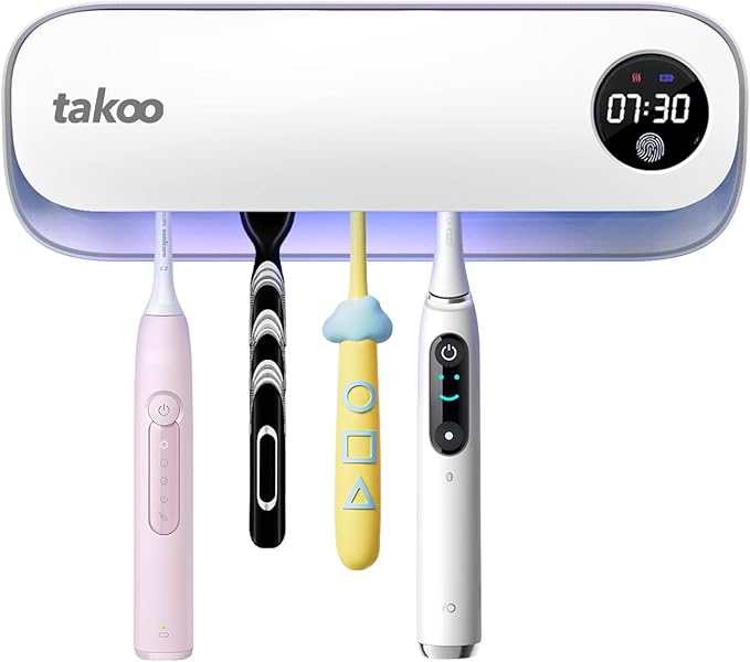 Takoo Toothbrush Cleaner, 4 Slots Wall Mounted Toothbrush Holder for Bathroom, Smart Hot Air Drying Technology, Rechargeable Smart Home Gadget