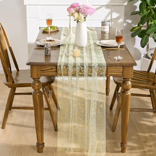 Artoid Mode 2-Pack Sage Green Gold Gauze Table Runner 10FT, Glitter Metallic Foil Sheer Dining Wedding Anniversary Holiday Birthday Table Decor for Home Party
