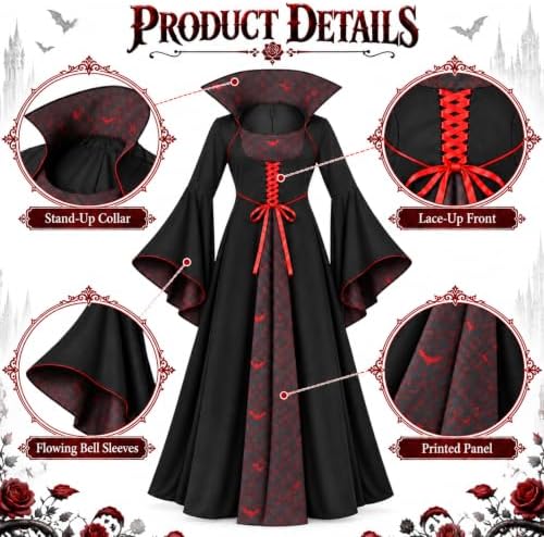 Vampire Costume Women Gothic Stand-Up Collar Vampiress Dress with Choker