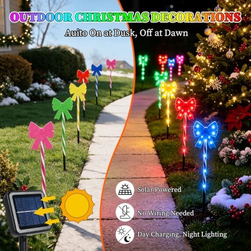 Solar 5PCS Christmas Bow 50LED Outdoor String Lights with Stakes Multicolor