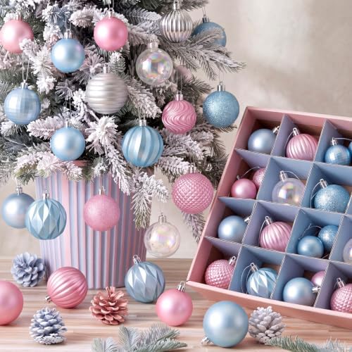 Lunmon 64 Pcs Pastel Christmas Ball Ornaments for Tree Pink Blue White Silver Xmas Bulbs Ornaments 1.6/1.97/2.4 Inch Macaron Candyland Baubles Shatterproof Christmas Decorations for Tree Home Wreath