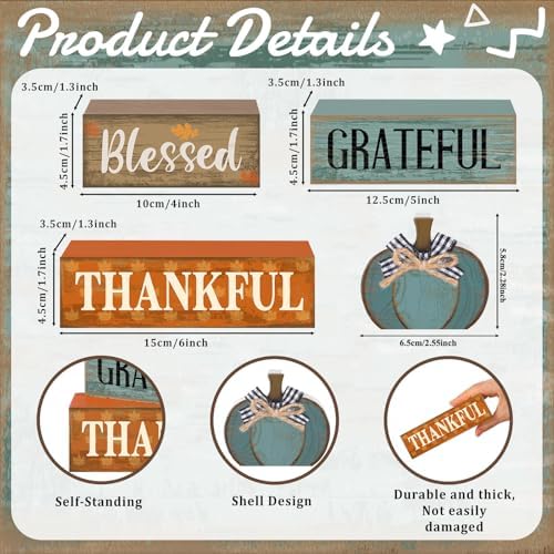 Lineshading 4 Pcs Fall Table Decor for Home, Blue Wooden Pumpkin Block Sign