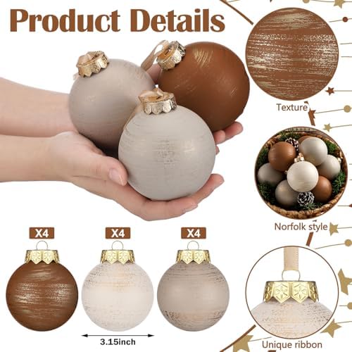 Yunlly 12 Pcs Neutral Christmas Ornament, Brown Ivory Beige, 3.15''