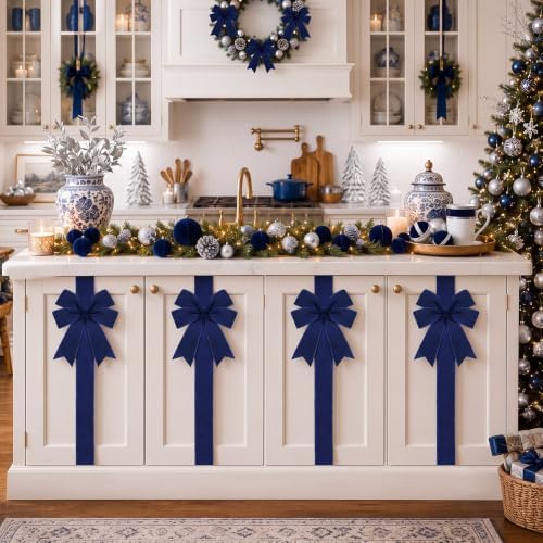 Daifunli 6 Pcs Navy Blue Christmas Velvet Cabinet Bows Ribbons for Kitchen