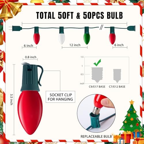 Minetom C9 Christmas Lights Outdoor, 50FT 50 Red Green White C9 Bulbs