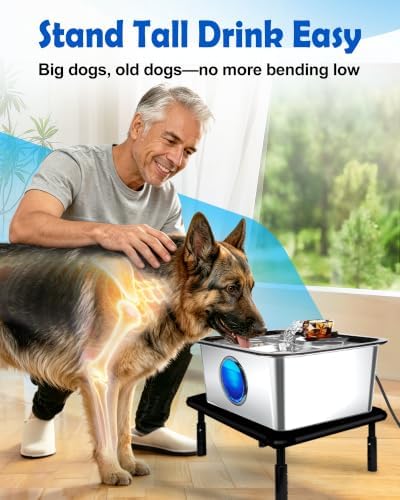 Large Elevated Dog Water Fountain SS304,12L Ultra-Purification Pet Drinking Dispenser with Visual Window and Raised Table,Deep Purification Filter,Upgrade Pump,Triple Waterfall Structure