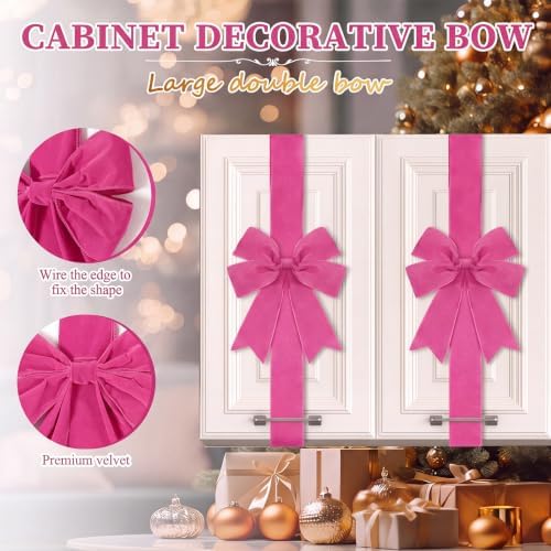 Daifunli 6 Pcs Hot Pink Velvet Christmas Cabinet Bows Ribbons for Kitchen