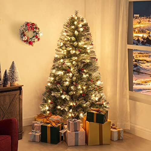 Naomi Home 4.5ft Vancouver Pre-Lit Artificial Christmas Tree with Pine Cones, Faux Berries, Foot Pedal, 398 Branch Tips, 200 Warm Lights and Metal Stand, 33" wide