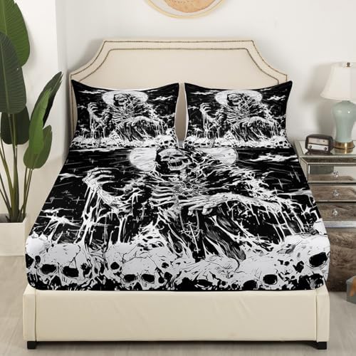 Skeleton Bed Sheet Queen Size Black White Sheets Sets Adults Bedroom Decor Gothic Skull Microfiber Bedding Set with Flat,Fitted Sheet,2 Pillow Cases