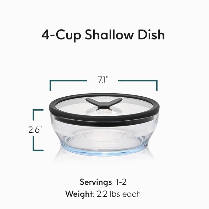 Anyday 4-Cup Glass Microwave Steamer & Food Storage (Clear Black Sesame) | Glass Lids, Round Shallow Dish, Plastic-Free Meal Prep, Microwave Cookware, Stackable Airtight Container