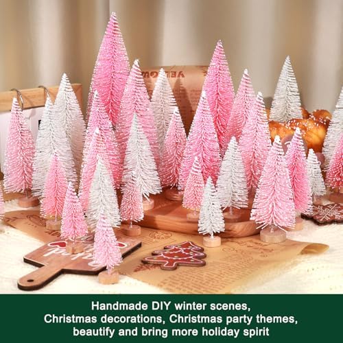 30Pcs Mini Christmas Trees Artificial Christmas Tree Bottle Brush Trees with Wooden Base for Christmas Decor Christmas Party Home Table Craft Decorations(Pink+White)