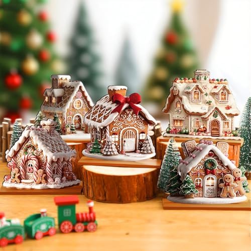 RattanView 5 Pcs Gingerbread Christmas Table Decor, Gingerbread Village Set