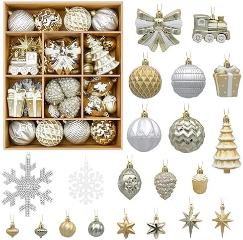 Alupssuc 82pcs Classic Christmas Balls Ornaments Set, White and Gold