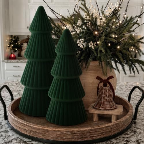 Christmas Decorations - Set of 3 Velvet Ceramic Christmas Trees (Green)