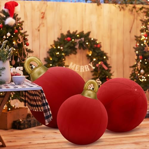 Jenaai 3 Pcs Giant Velvet Christmas Inflatable Ball Ornament 24" 20" 18"