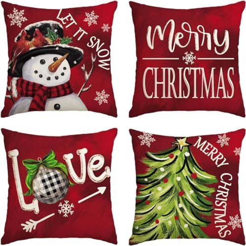 AVOIN colorlife Merry Christmas Let It Snow Love Snowman Red Throw Pillow Covers, 16 x 16 Inch Xmas Tree Holiday Cushion Case Decoration for Sofa Couch Set of 4