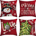 AVOIN colorlife Merry Christmas Let It Snow Love Snowman Red Throw Pillow Covers, 16 x 16 Inch Xmas Tree Holiday Cushion Case Decoration for Sofa Couch Set of 4