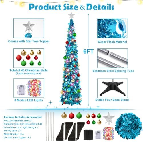N&T NIETING Pop Up Christmas Tree with Lights & Ornaments, 6FT, Blue