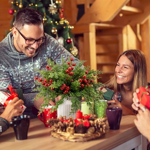 60 Pcs Christmas Artificial Pine Branches Red Berry Stems Faux Xmas Sprigs